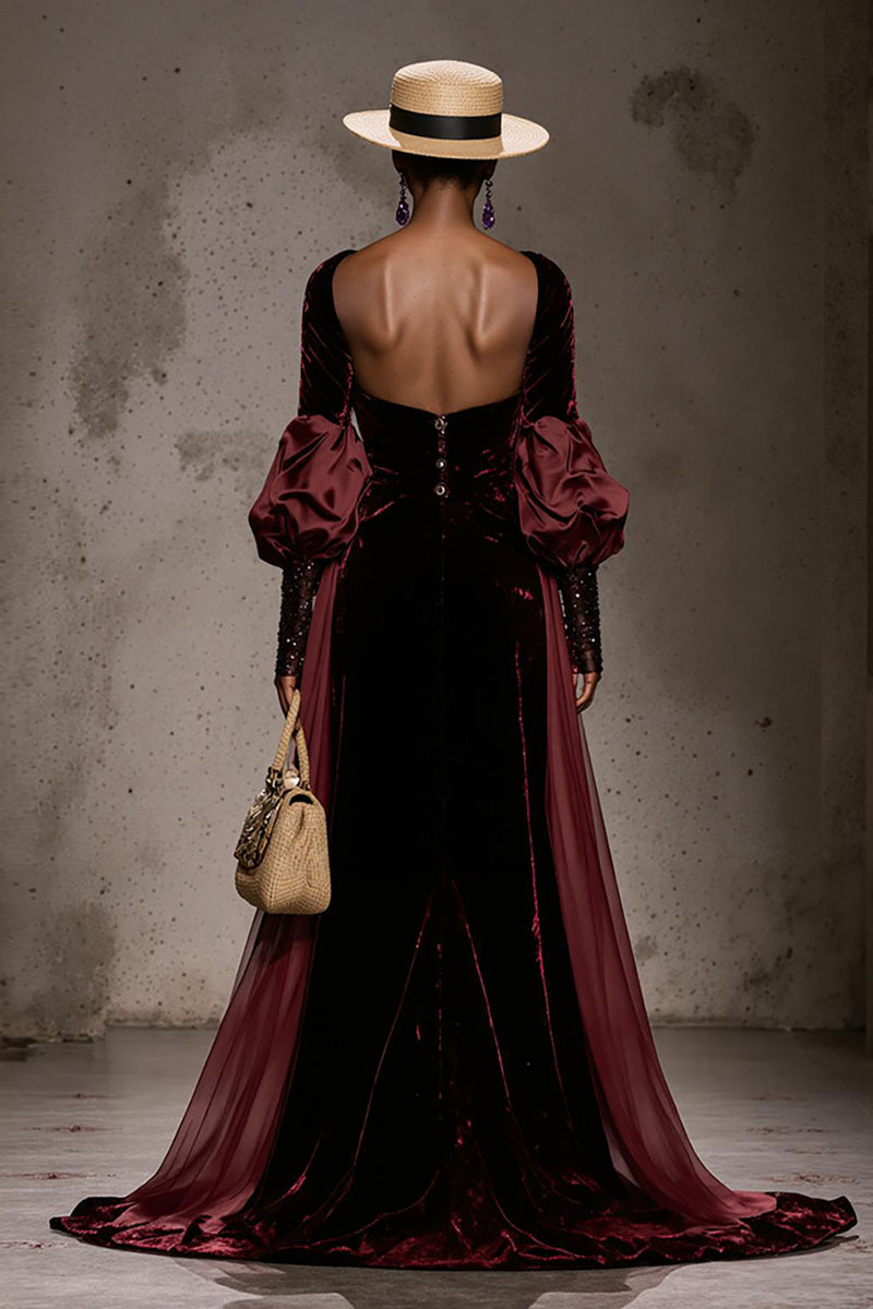Laden Sie das Bild in den Galerie-Viewer, Burgunderrot Samt Lange Ärmel Formelle Kleid mit Cape