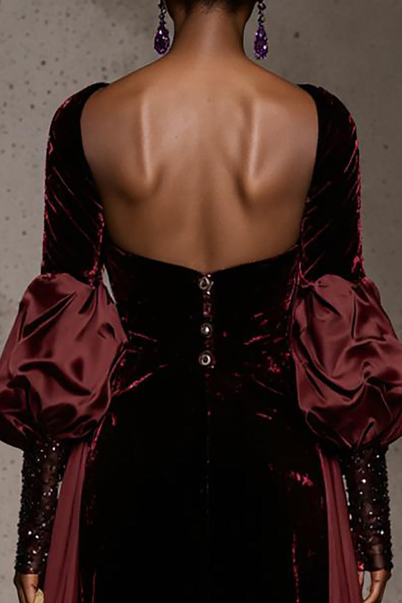 Laden Sie das Bild in den Galerie-Viewer, Burgunderrot Samt Lange Ärmel Formelle Kleid mit Cape