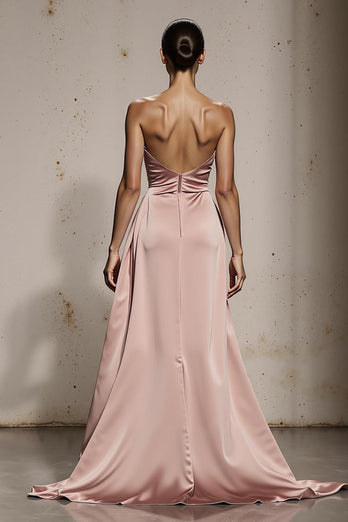 Einfaches Hellrosa Satin Trägerlos Lange Formelle Kleid mit Schlitz