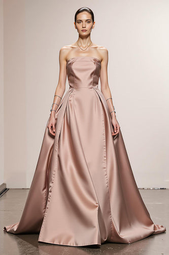 Einfaches Hellrosa A Linie Satin Trägerlos Lange Formelle Kleid