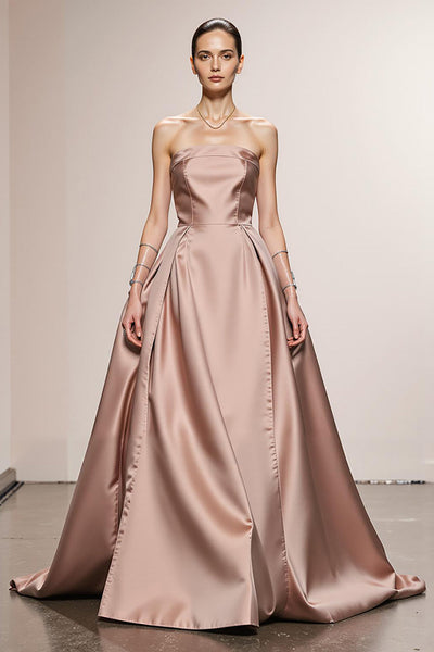 Einfaches Hellrosa A Linie Satin Trägerlos Lange Formelle Kleid