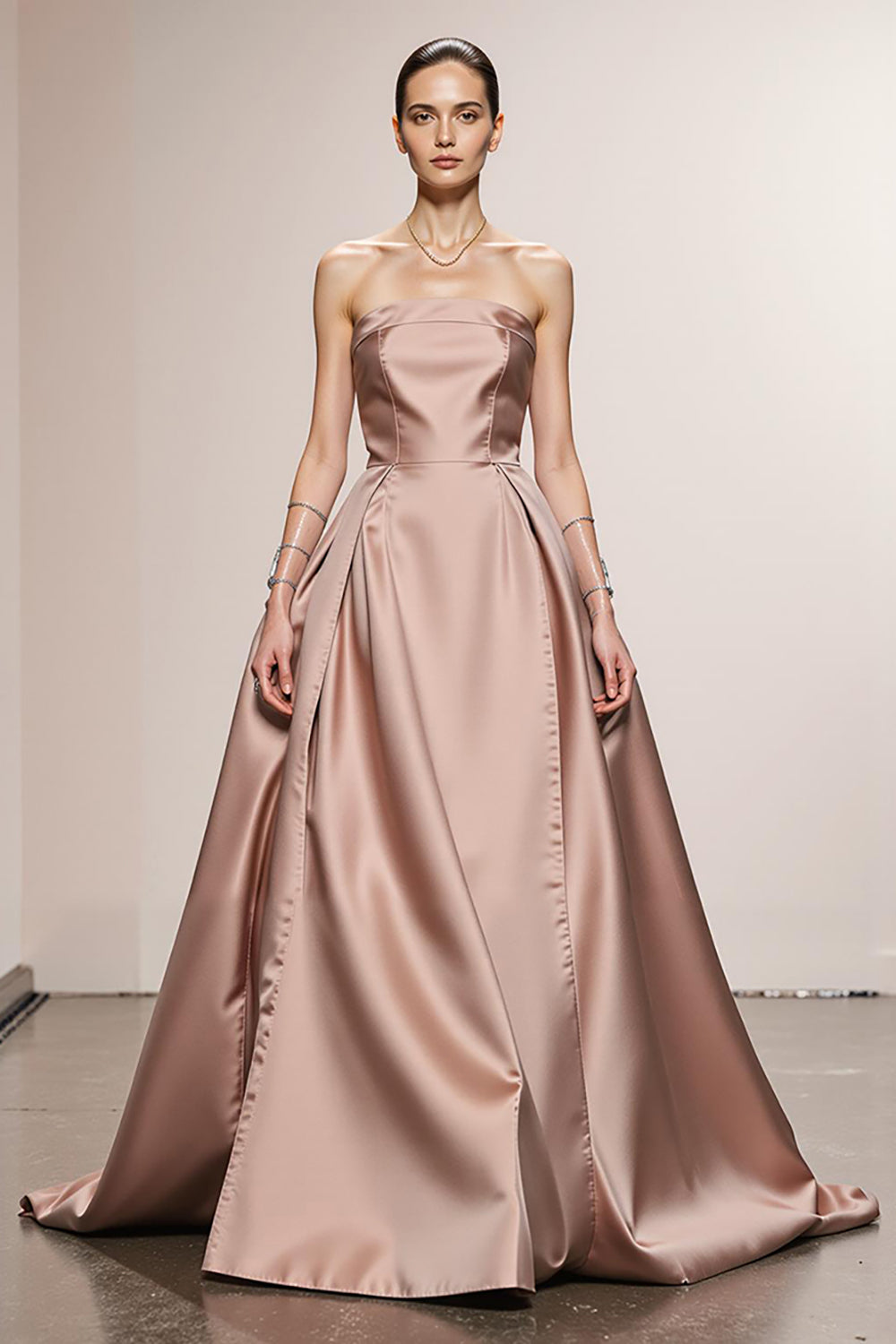 Einfaches Hellrosa A Linie Satin Trägerlos Lange Formelle Kleid