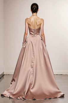 Einfaches Hellrosa A Linie Satin Trägerlos Lange Formelle Kleid