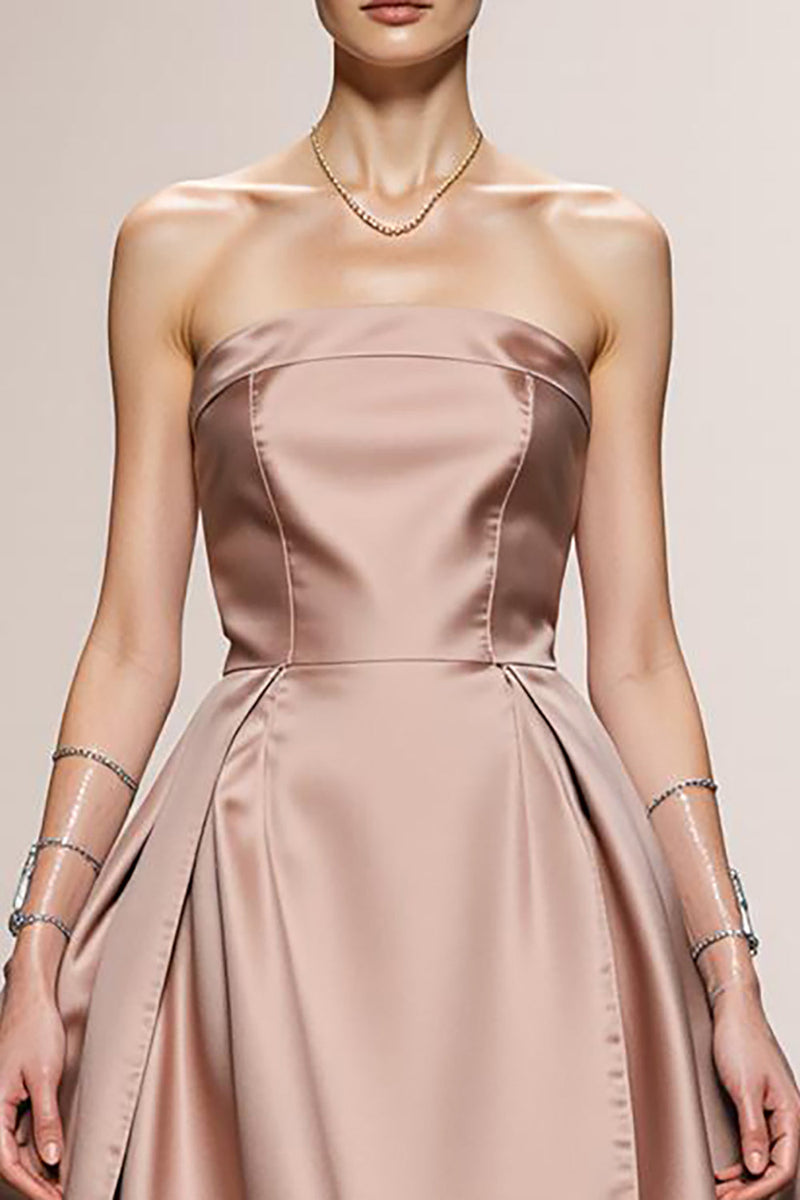 Laden Sie das Bild in den Galerie-Viewer, Einfaches Hellrosa A Linie Satin Trägerlos Lange Formelle Kleid