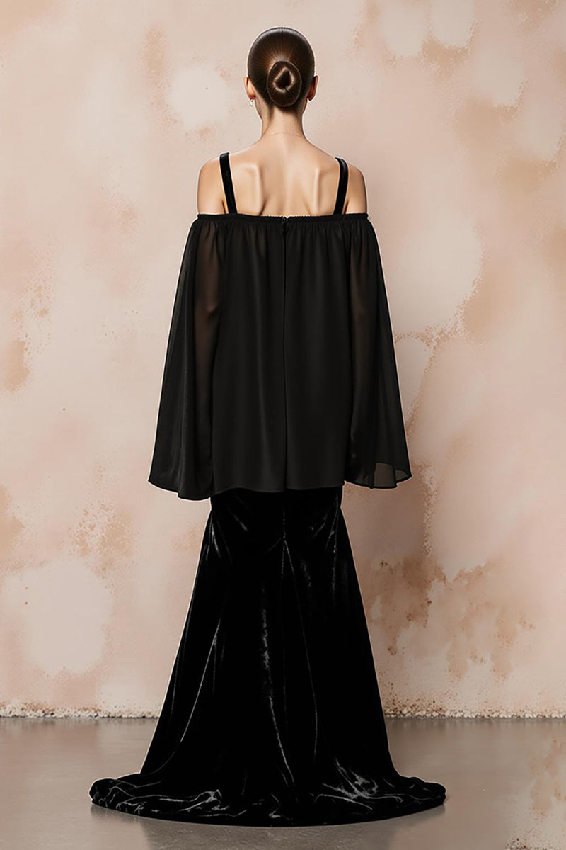 Laden Sie das Bild in den Galerie-Viewer, Schwarz Meerjungfrau Samt Kalte Schulter Lange Formelle Kleid