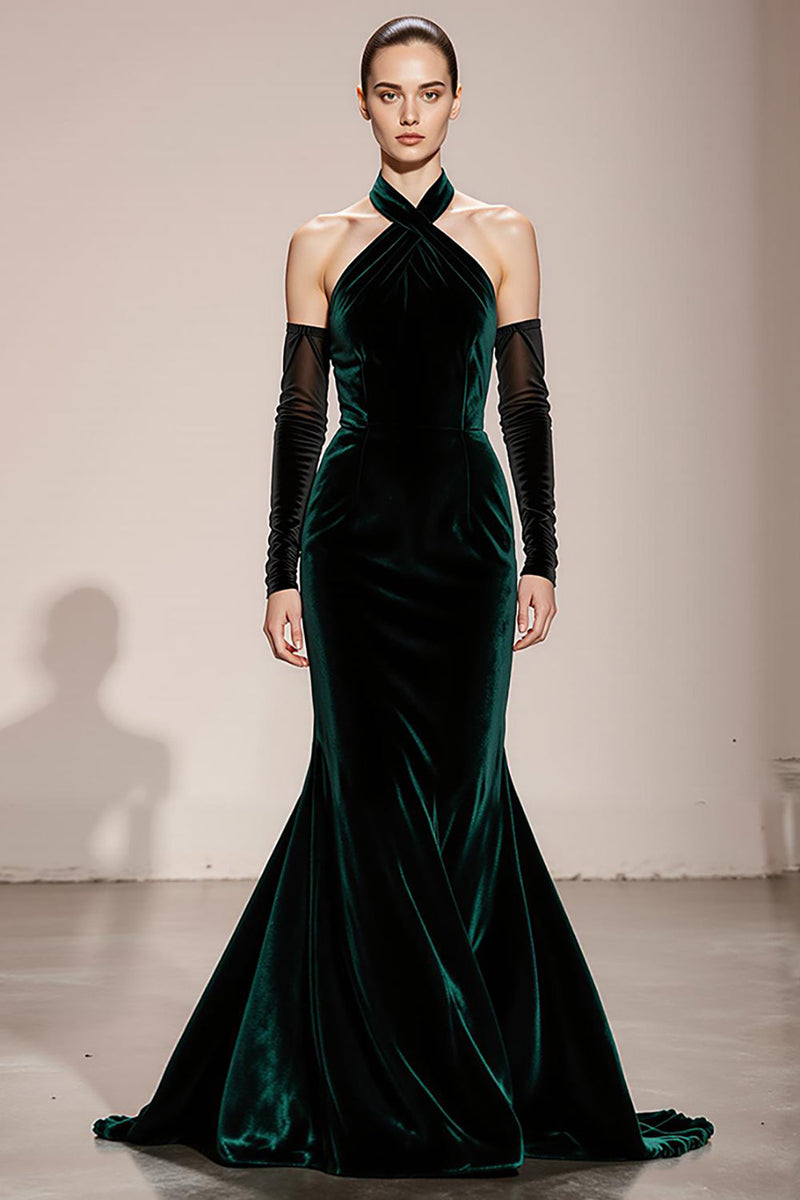 Laden Sie das Bild in den Galerie-Viewer, Dunkelgrün Meerjungfrau Neckholder Samt Lange Formelle Kleid