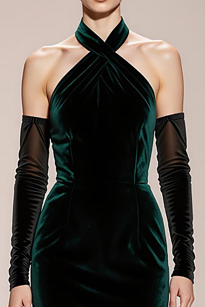 Laden Sie das Bild in den Galerie-Viewer, Dunkelgrün Meerjungfrau Neckholder Samt Lange Formelle Kleid