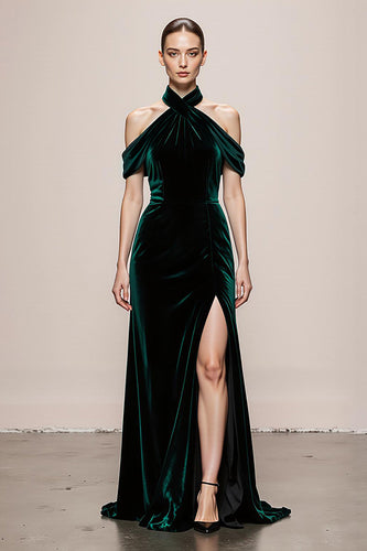 Einfaches Dunkelgrün Samt Neckholder Lange Formelle Kleid mit Schlitz