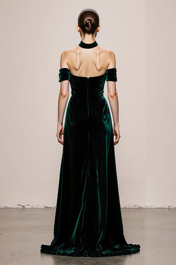 Einfaches Dunkelgrün Samt Neckholder Lange Formelle Kleid mit Schlitz