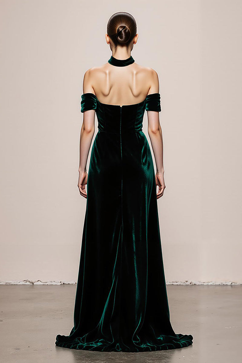 Laden Sie das Bild in den Galerie-Viewer, Einfaches Dunkelgrün Samt Neckholder Lange Formelle Kleid mit Schlitz