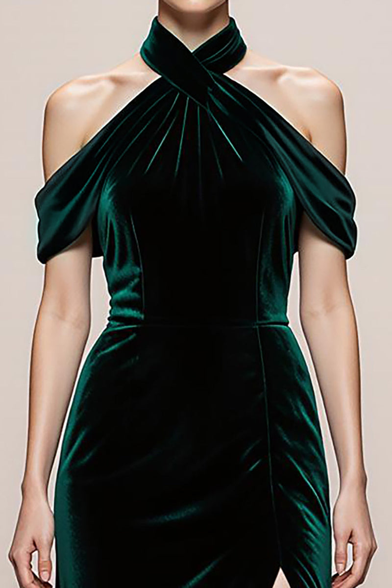Laden Sie das Bild in den Galerie-Viewer, Einfaches Dunkelgrün Samt Neckholder Lange Formelle Kleid mit Schlitz