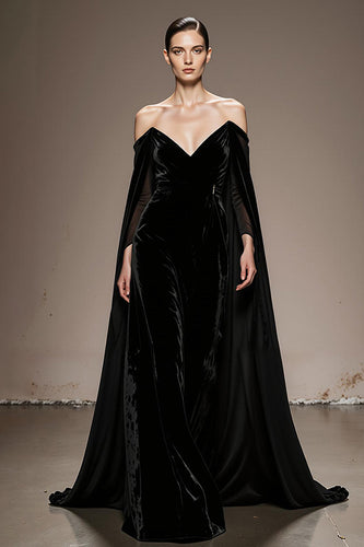 Schwarz Schulterfreie Samt Lange Formelle Kleid mit Ärmel