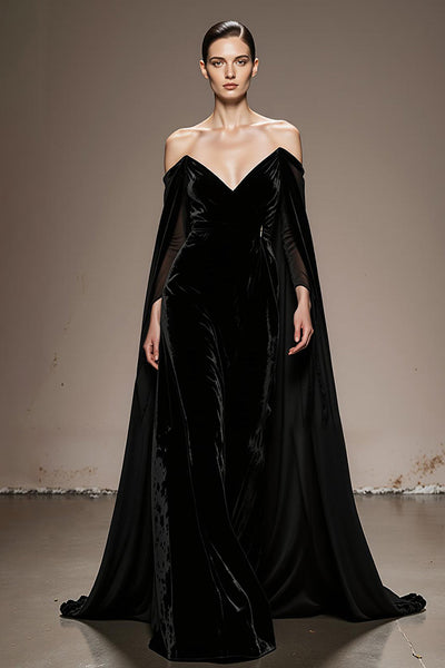Schwarz Schulterfreie Samt Lange Formelle Kleid mit Ärmel