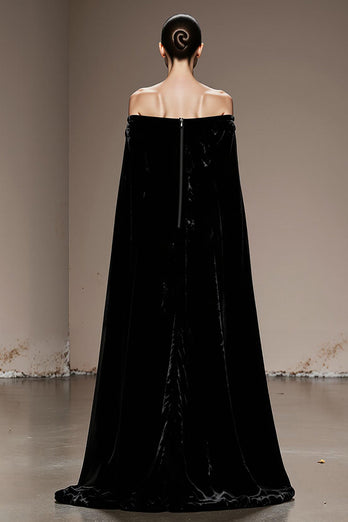 Schwarz Schulterfreie Samt Lange Formelle Kleid mit Ärmel