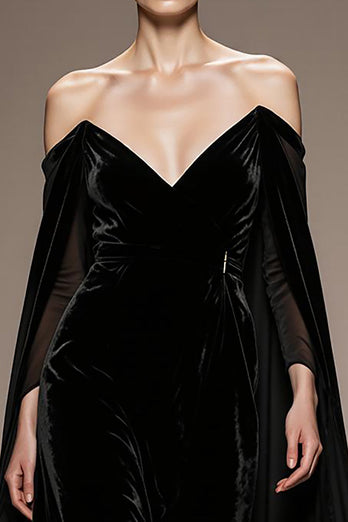 Schwarz Schulterfreie Samt Lange Formelle Kleid mit Ärmel