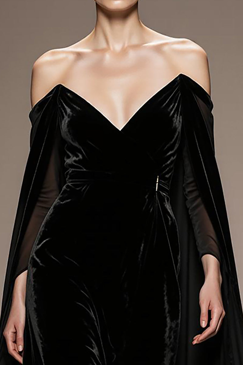 Laden Sie das Bild in den Galerie-Viewer, Schwarz Schulterfreie Samt Lange Formelle Kleid mit Ärmel