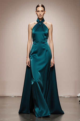 Dunkelgrün A Linie Neckholder Satin Lange Formelle Kleid