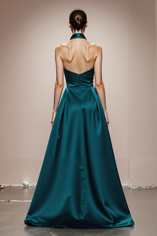 Dunkelgrün A Linie Neckholder Satin Lange Formelle Kleid