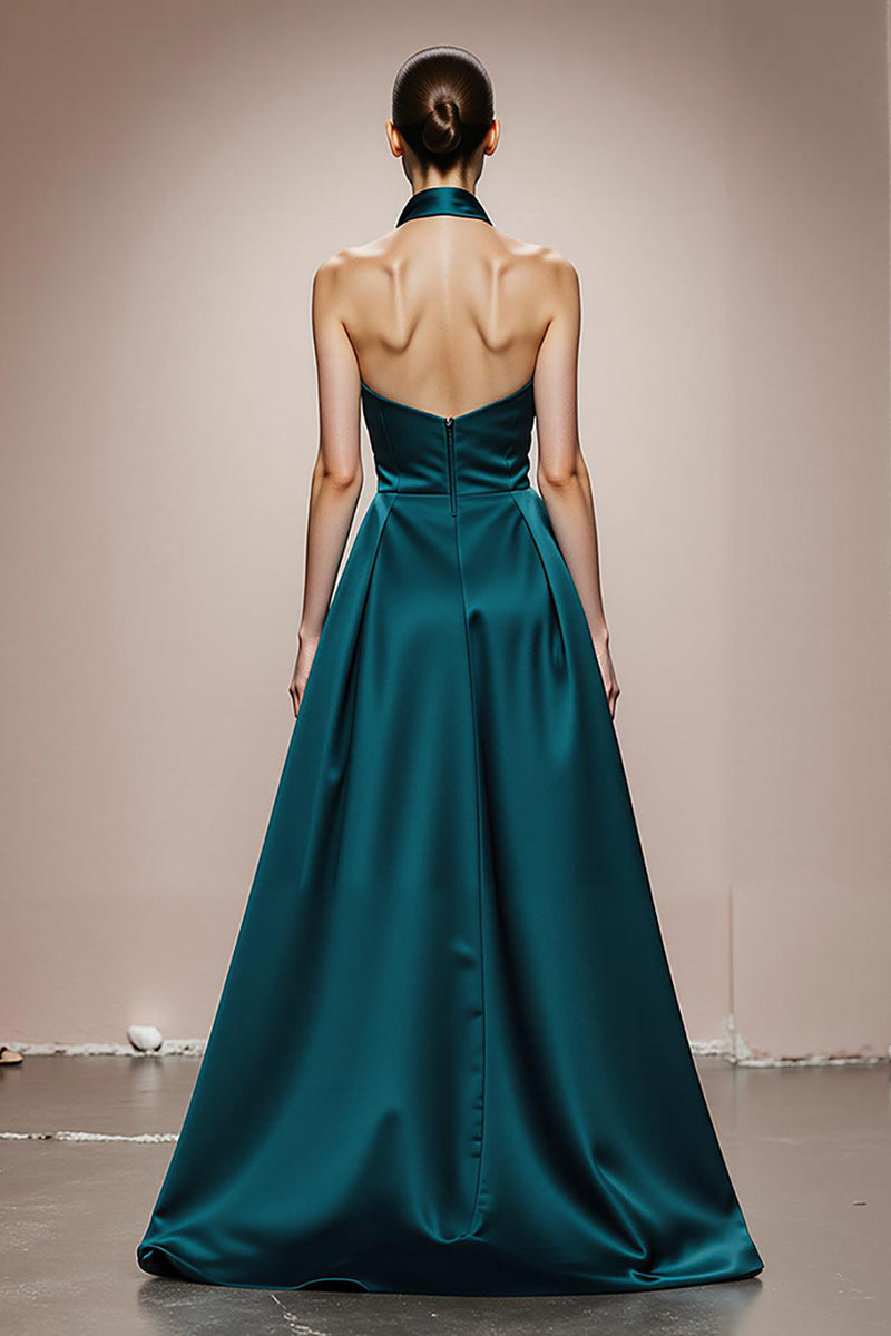 Laden Sie das Bild in den Galerie-Viewer, Dunkelgrün A Linie Neckholder Satin Lange Formelle Kleid