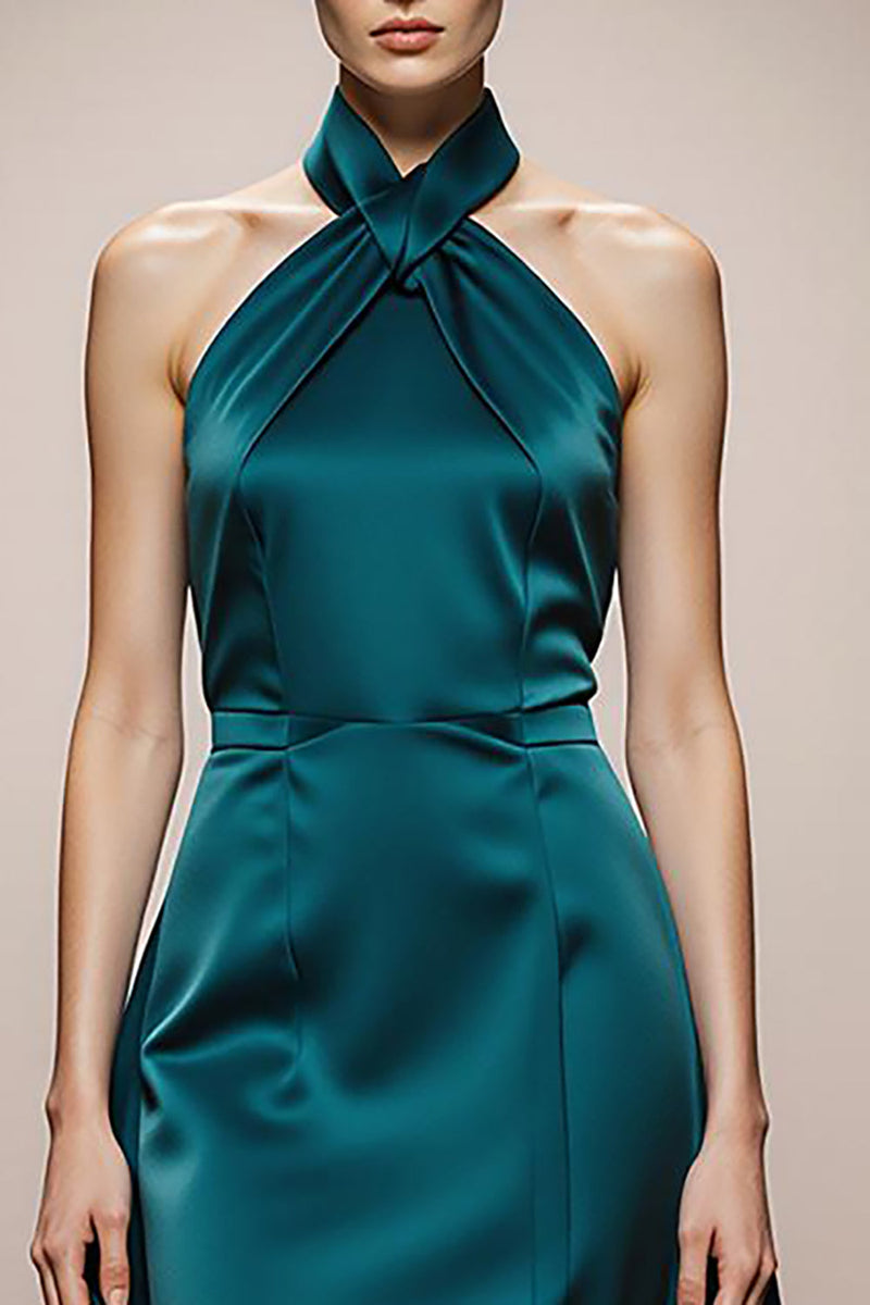 Laden Sie das Bild in den Galerie-Viewer, Dunkelgrün A Linie Neckholder Satin Lange Formelle Kleid