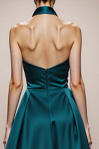 Dunkelgrün A Linie Neckholder Satin Lange Formelle Kleid