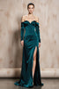 Laden Sie das Bild in den Galerie-Viewer, Dunkelgrün Schulterfreie Satin Lange Ärmel Formelle Kleid mit Schlitz