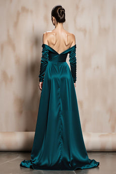Dunkelgrün Schulterfreie Satin Lange Ärmel Formelle Kleid mit Schlitz