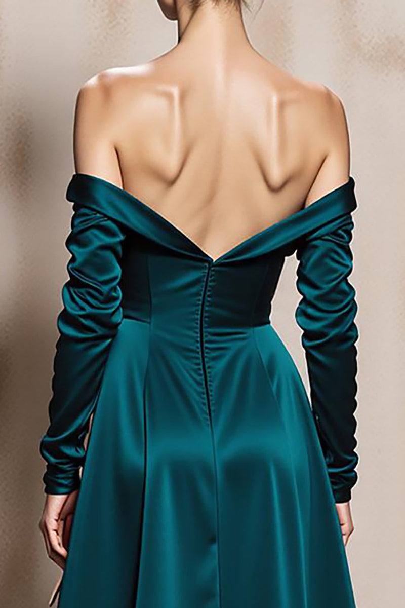 Laden Sie das Bild in den Galerie-Viewer, Dunkelgrün Schulterfreie Satin Lange Ärmel Formelle Kleid mit Schlitz