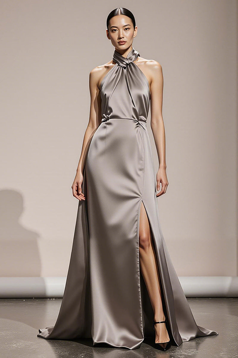 Laden Sie das Bild in den Galerie-Viewer, Einfaches Silber Neckholder Satin Formelle Kleid mit Schlitz
