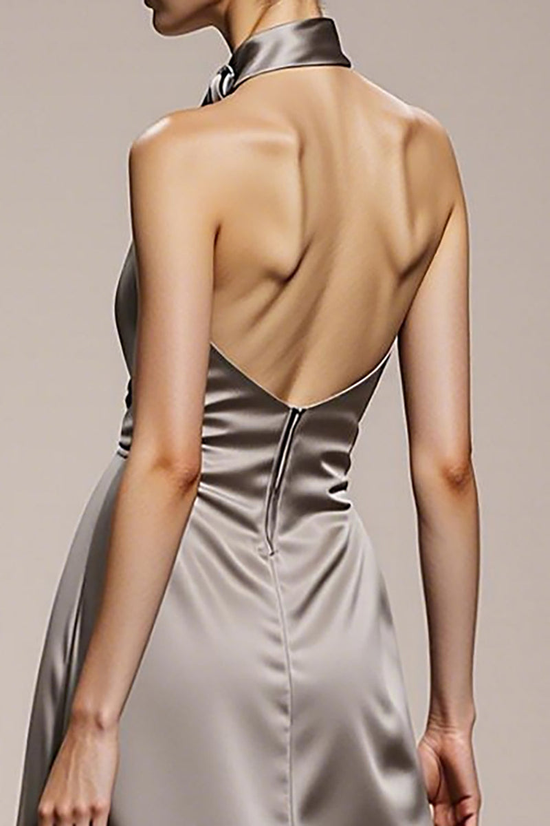Laden Sie das Bild in den Galerie-Viewer, Einfaches Silber Neckholder Satin Formelle Kleid mit Schlitz