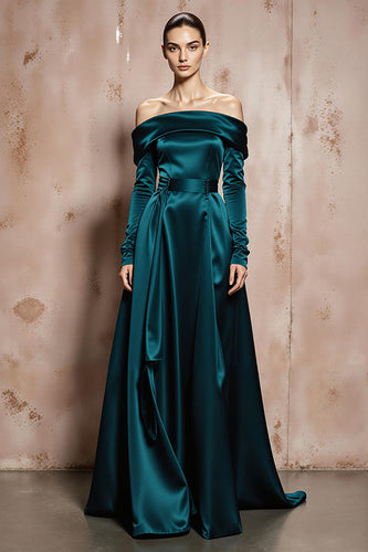 Dunkelgrün Schulterfreie A Linie Lange Satin Formelle Kleid mit Ärmel