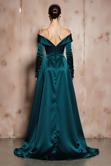 Dunkelgrün Schulterfreie A Linie Lange Satin Formelle Kleid mit Ärmel