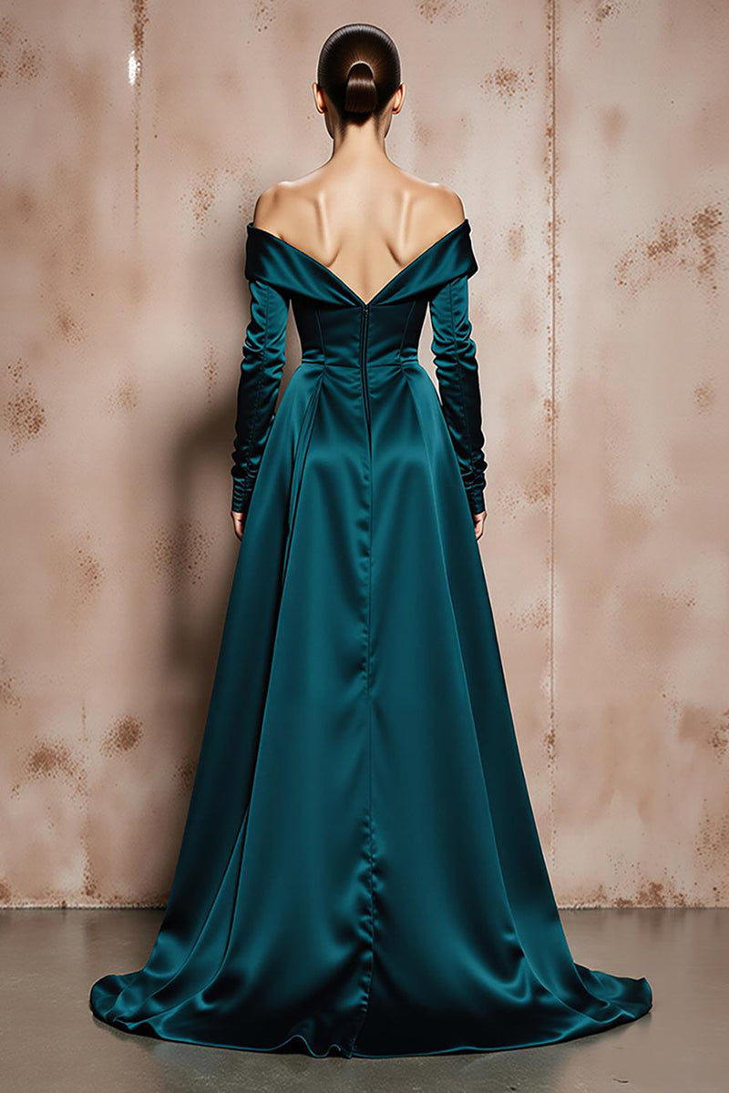 Laden Sie das Bild in den Galerie-Viewer, Dunkelgrün Schulterfreie A Linie Lange Satin Formelle Kleid mit Ärmel