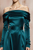 Laden Sie das Bild in den Galerie-Viewer, Dunkelgrün Schulterfreie A Linie Lange Satin Formelle Kleid mit Ärmel