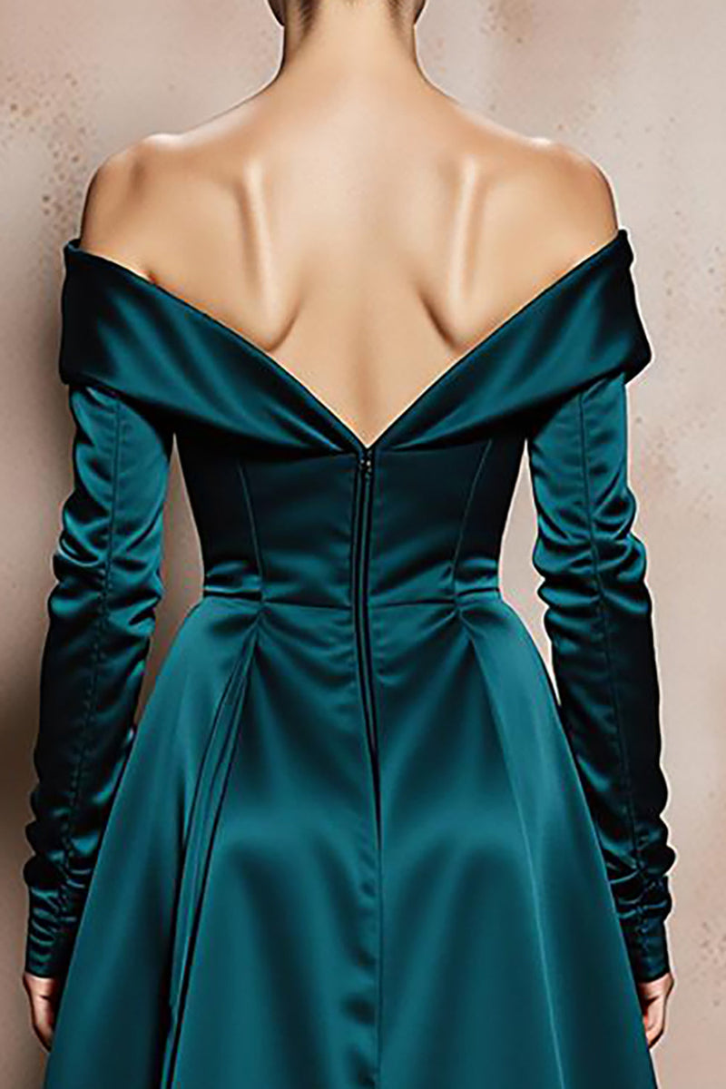 Laden Sie das Bild in den Galerie-Viewer, Dunkelgrün Schulterfreie A Linie Lange Satin Formelle Kleid mit Ärmel