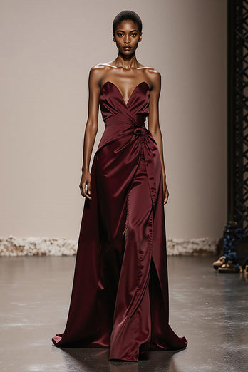 Einfaches Burgunderrot Satin Trägerlos Lange Formelle Kleid