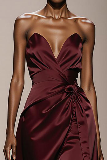 Einfaches Burgunderrot Satin Trägerlos Lange Formelle Kleid