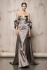 Laden Sie das Bild in den Galerie-Viewer, Silber Satin Schulterfreie Lange Formelle Kleid mit Ärmel