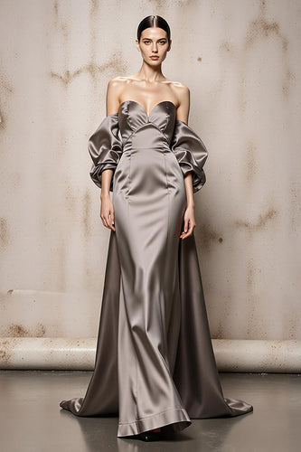 Silber Satin Schulterfreie Lange Formelle Kleid mit Ärmel