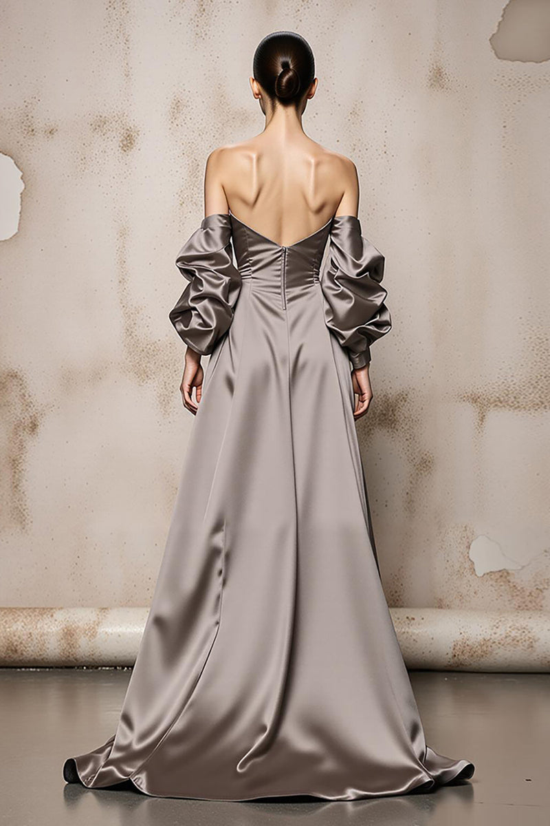 Laden Sie das Bild in den Galerie-Viewer, Silber Satin Schulterfreie Lange Formelle Kleid mit Ärmel