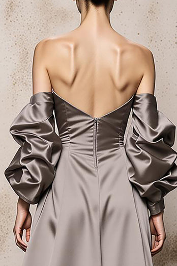 Silber Satin Schulterfreie Lange Formelle Kleid mit Ärmel
