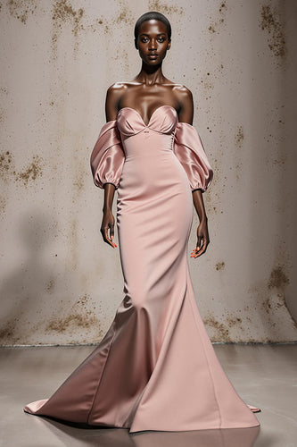 Hellrosa Satin Meerjungfrau Lange Formelle Kleid mit Ärmel