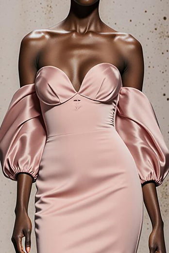 Hellrosa Satin Meerjungfrau Lange Formelle Kleid mit Ärmel