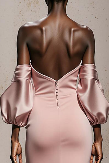 Hellrosa Satin Meerjungfrau Lange Formelle Kleid mit Ärmel