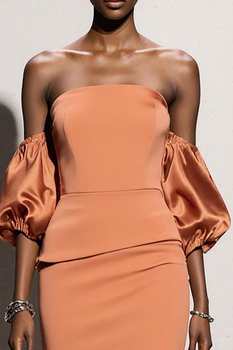 Laden Sie das Bild in den Galerie-Viewer, Orange Meerjungfrau Satin Lange Formelle Kleid mit Ärmel