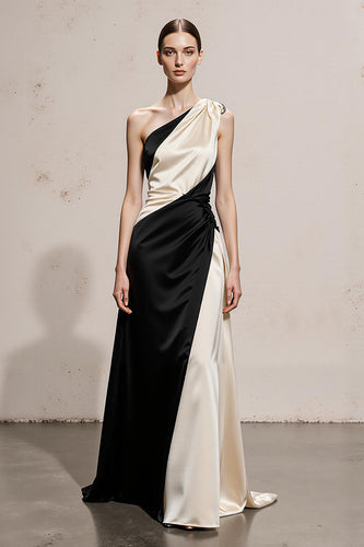 Schwarz und Weiß Satin Etui Eine Schulter Lange Formelle Kleid