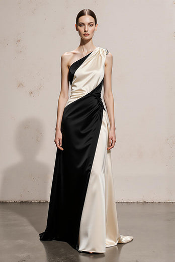 Schwarz und Weiß Satin Etui Eine Schulter Lange Formelle Kleid