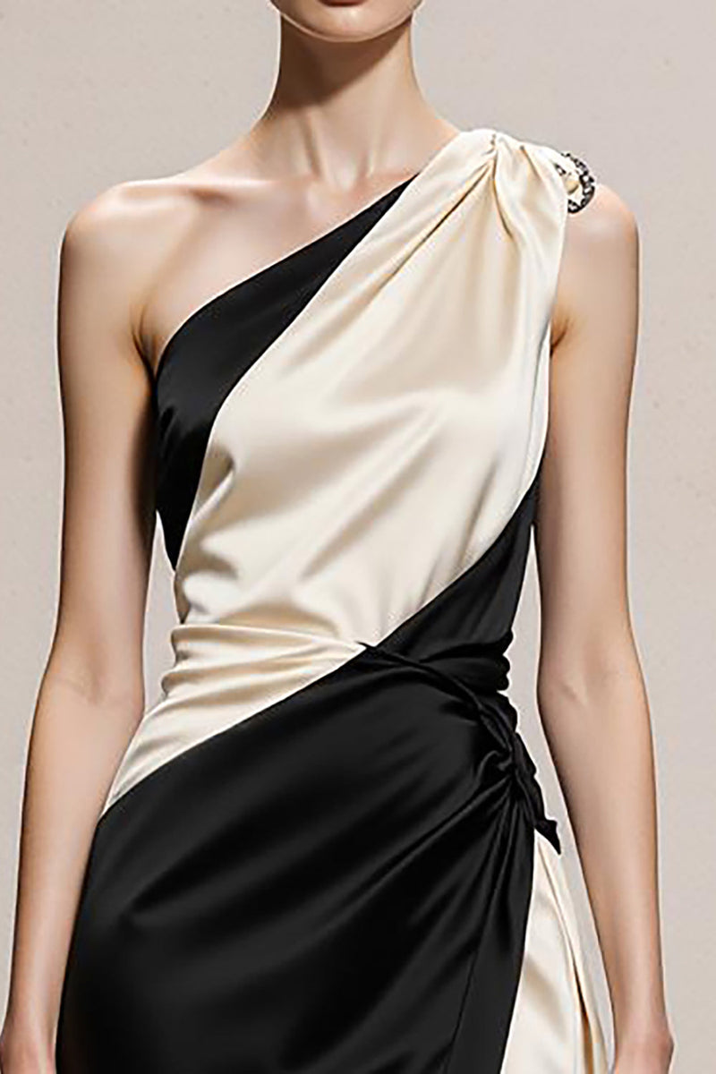 Laden Sie das Bild in den Galerie-Viewer, Schwarz und Weiß Satin Etui Eine Schulter Lange Formelle Kleid