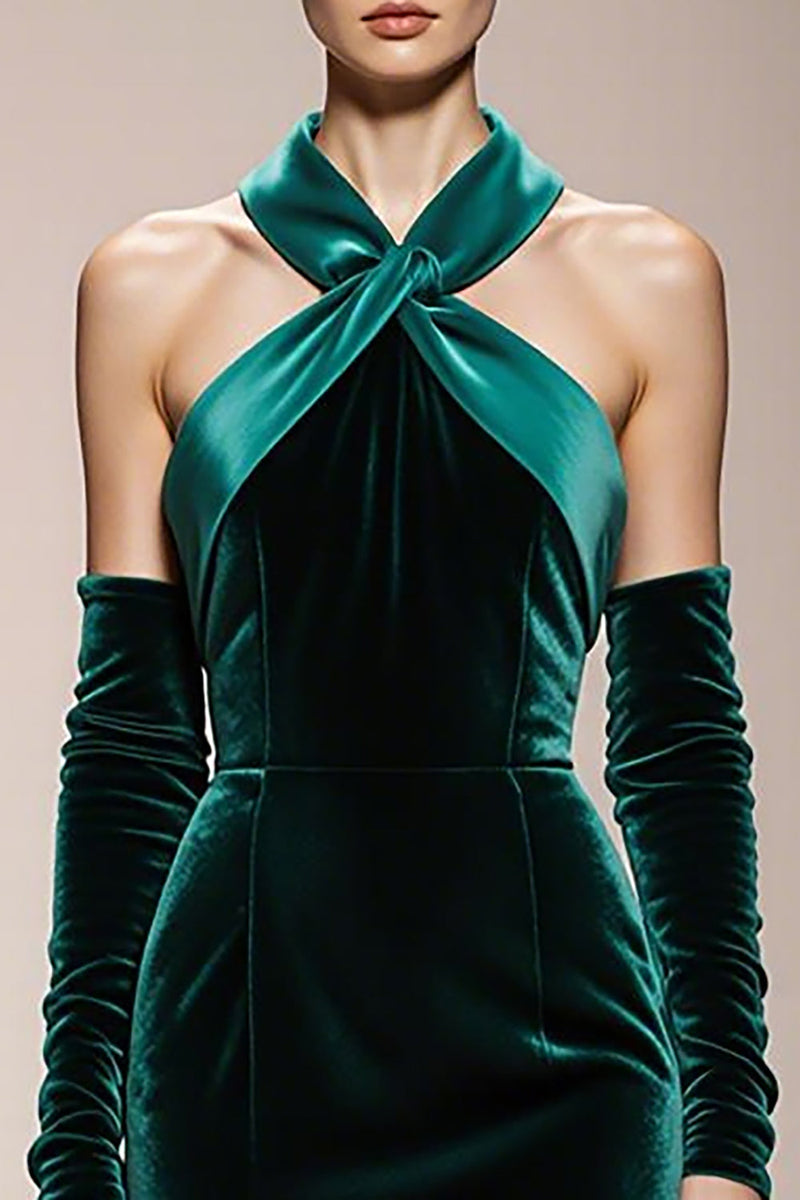 Laden Sie das Bild in den Galerie-Viewer, Dunkelgrün Samt Neckholder Meerjungfrau Lange Formelle Kleid mit Schlitz