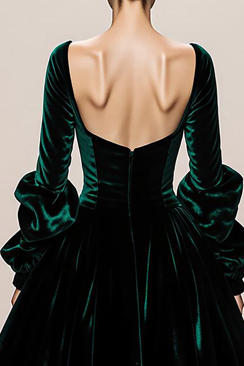 Laden Sie das Bild in den Galerie-Viewer, Dunkelgrün Samt Eckiger Ausschnitt Ballkleid Langes Festliches Kleid